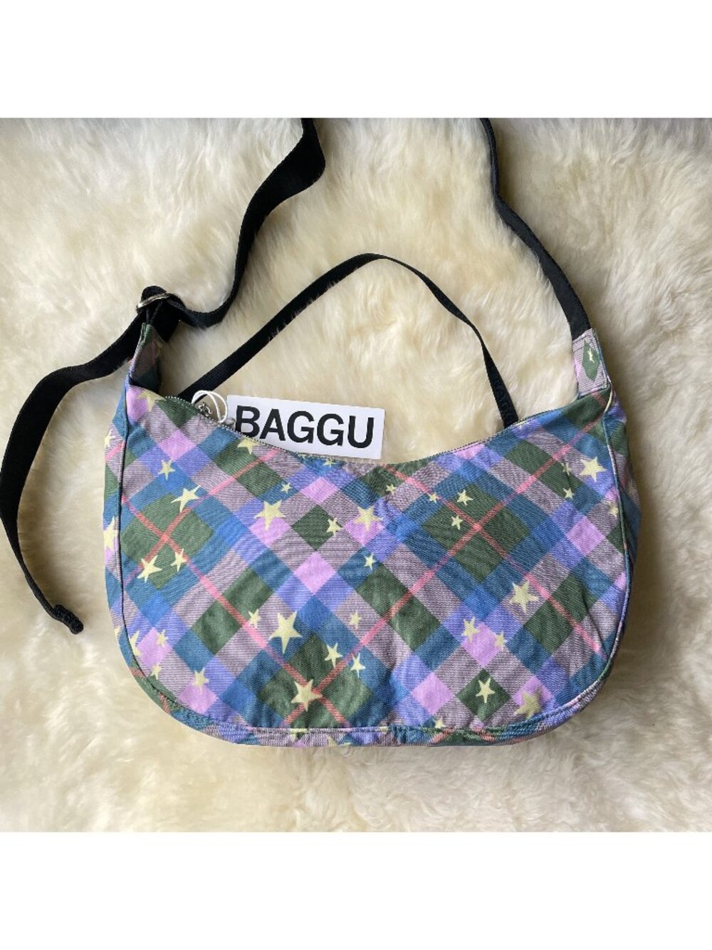 NWT Baggu Medium Crescent Bag - Green Star Plaid - Picture 3 of 8